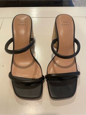 a new day Black Double-Strap Wedge Sandals with Woven Heel